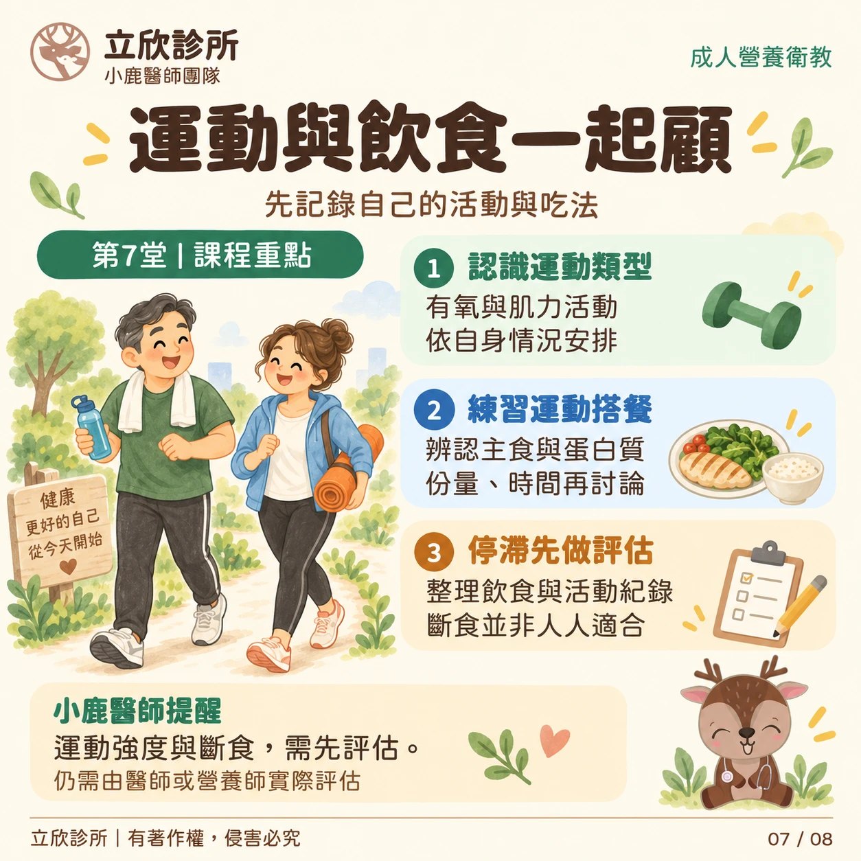 立欣診所成人營養衛教，第7堂課程重點：運動與飲食一起顧，先記錄自己的活動與吃法。①認識運動類型：有氧與肌力活動，依自身情況安排。②練習運動搭餐：辨認主食與蛋白質，份量、時間再討論。③停滯先做評估：整理飲食與活動紀錄，斷食並非人人適合。小鹿醫師提醒：運動強度與斷食，需先評估，仍需由醫師或營養師實際評估。