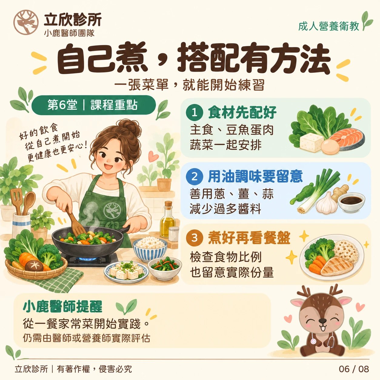 立欣診所成人營養衛教，第6堂課程重點：自己煮，搭配有方法，一張菜單，就能開始練習。①食材先配好：主食、豆魚蛋肉、蔬菜一起安排。②用油調味要留意：善用蔥、薑、蒜，減少過多醬料。③煮好再看餐盤：檢查食物比例，也留意實際份量。小鹿醫師提醒：從一餐家常菜開始實踐，仍需由醫師或營養師實際評估。