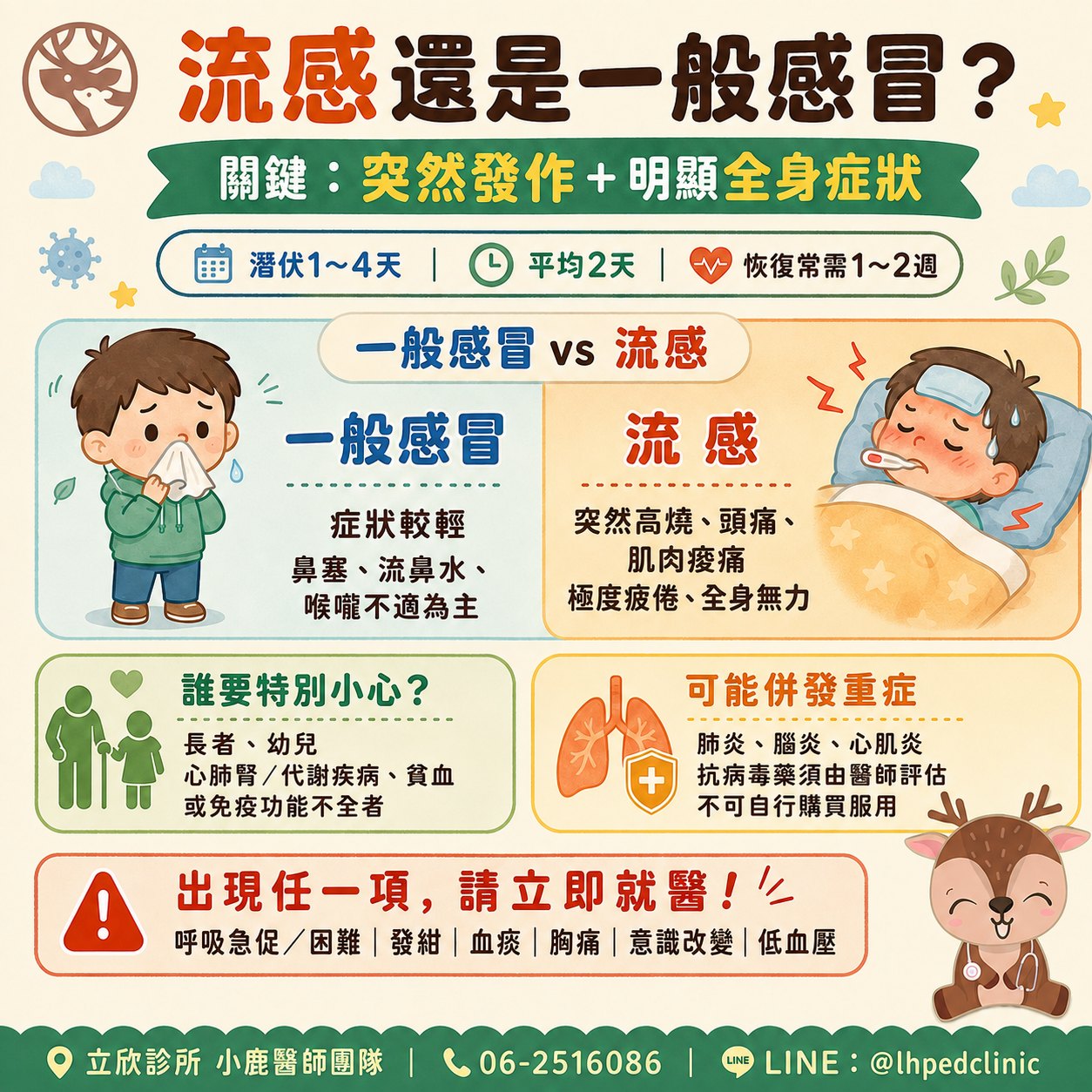 立欣診所小鹿醫師團隊整理：流感還是一般感冒？關鍵在突然發作加上明顯全身症狀。流感潛伏期 1 至 4 天、平均 2 天，完全恢復常需 1 至 2 週。一般感冒症狀較輕，以鼻塞、流鼻水、喉嚨不適為主；流感則是突然高燒、頭痛、肌肉痠痛、極度疲倦與全身無力。需要特別小心的族群：長者、幼兒，以及心肺腎或代謝疾病、貧血、免疫功能不全者。可能併發重症包括肺炎、腦炎、心肌炎；抗病毒藥須由醫師評估，不可自行購買服用。出現呼吸急促或困難、發紺、血痰、胸痛、意識改變、低血壓任一項，請立即就醫。