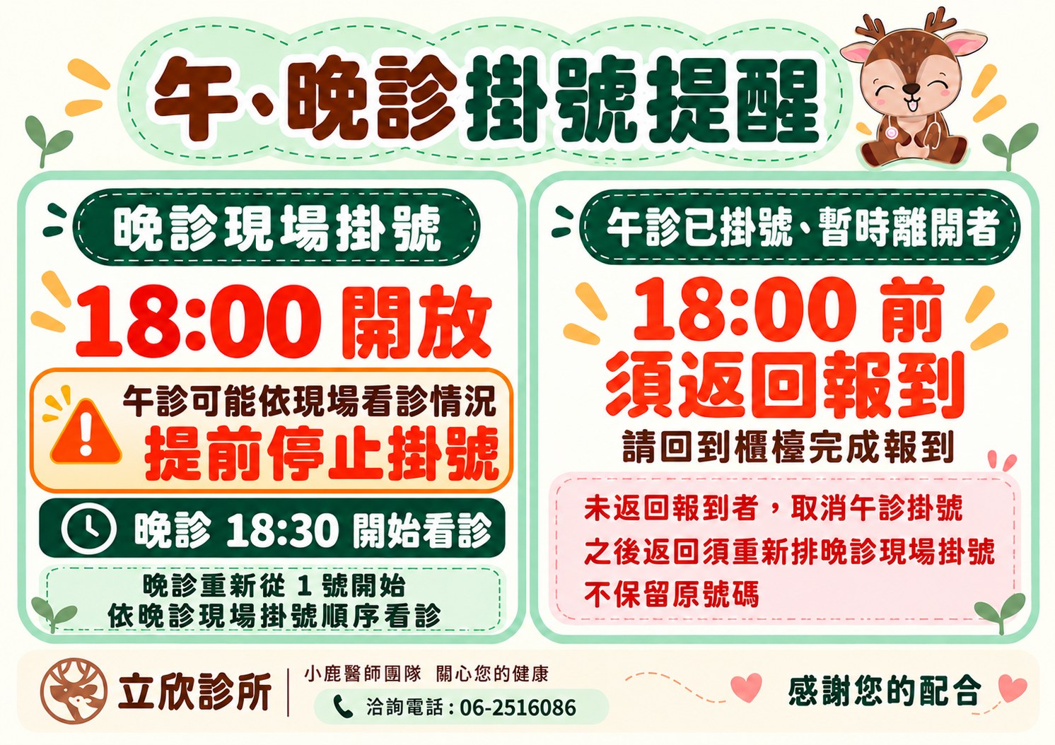立欣診所午、晚診掛號提醒。午診可能依現場看診情況提前停止掛號。晚診現場掛號 18:00 開放；晚診 18:30 開始看診；晚診重新從 1 號開始，依晚診現場掛號順序看診。午診已掛號、暫時離開者，18:00 前須返回報到，請回到櫃檯完成報到；未返回報到者，取消午診掛號，之後返回須重新排晚診現場掛號，不保留原號碼。立欣診所小鹿醫師團隊關心您的健康，洽詢電話 06-2516086，感謝您的配合。