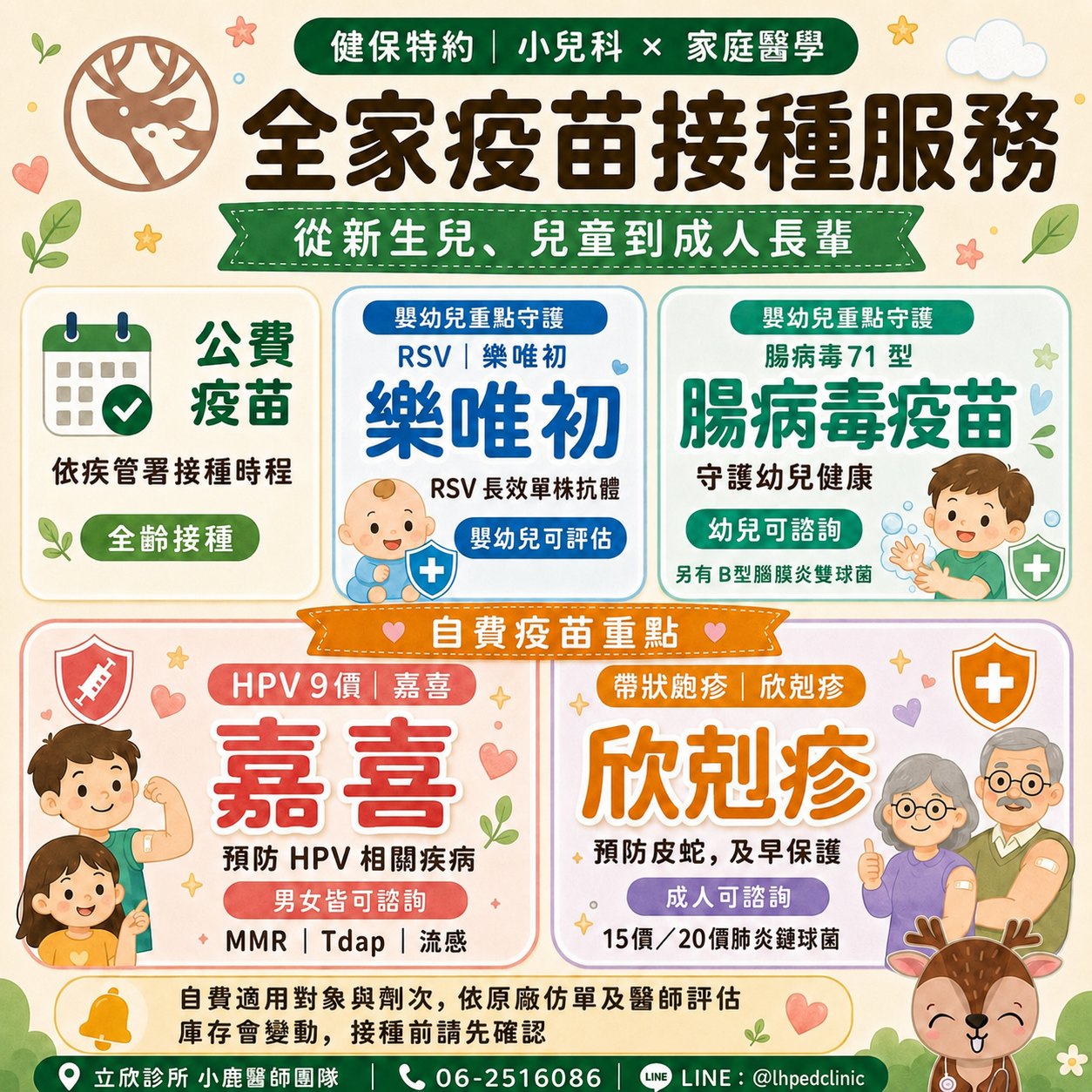 立欣診所全家疫苗接種服務懶人包，從新生兒、兒童到成人長輩：公費疫苗依疾管署接種時程、全齡接種；嬰幼兒重點守護為 RSV 長效單株抗體樂唯初與腸病毒 71 型疫苗，另有 B 型腦膜炎雙球菌；自費疫苗重點為 HPV 9 價嘉喜（預防 HPV 相關疾病，男女皆可諮詢）與帶狀皰疹欣剋疹（成人可諮詢），另有 MMR、Tdap、流感與 15 價／20 價肺炎鏈球菌。自費適用對象與劑次依原廠仿單及醫師評估，庫存會變動，接種前請先確認。立欣診所小鹿醫師團隊，電話 06-2516086，LINE @lhpedclinic。