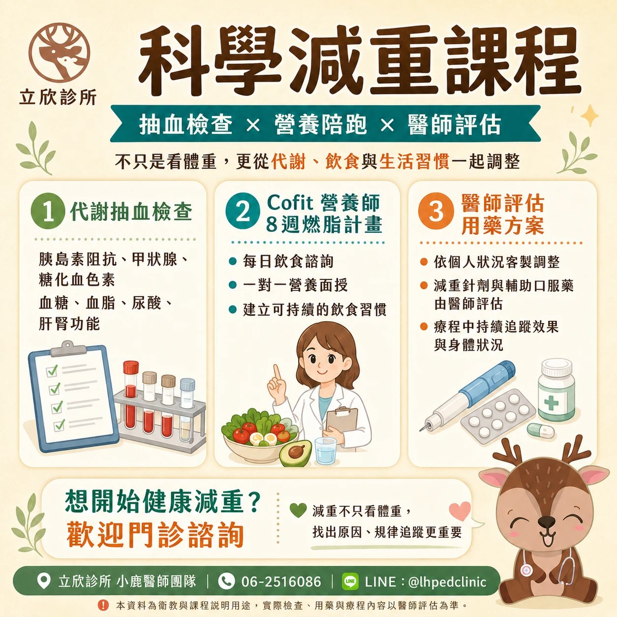 立欣診所科學減重課程懶人包：抽血檢查 × 營養陪跑 × 醫師評估，不只是看體重，更從代謝、飲食與生活習慣一起調整。①代謝抽血檢查：胰島素阻抗、甲狀腺、糖化血色素、血糖、血脂、尿酸、肝腎功能。②Cofit 營養師 8 週燃脂計畫：每日飲食諮詢、一對一營養面授、建立可持續的飲食習慣。③醫師評估用藥方案：依個人狀況客製調整，減重針劑與輔助口服藥由醫師評估，療程中持續追蹤效果與身體狀況。想開始健康減重？歡迎門診諮詢；減重不只看體重，找出原因、規律追蹤更重要。立欣診所小鹿醫師團隊，電話 06-2516086，LINE @lhpedclinic。本資料為衛教與課程說明用途，實際檢查、用藥與療程內容以醫師評估為準。
