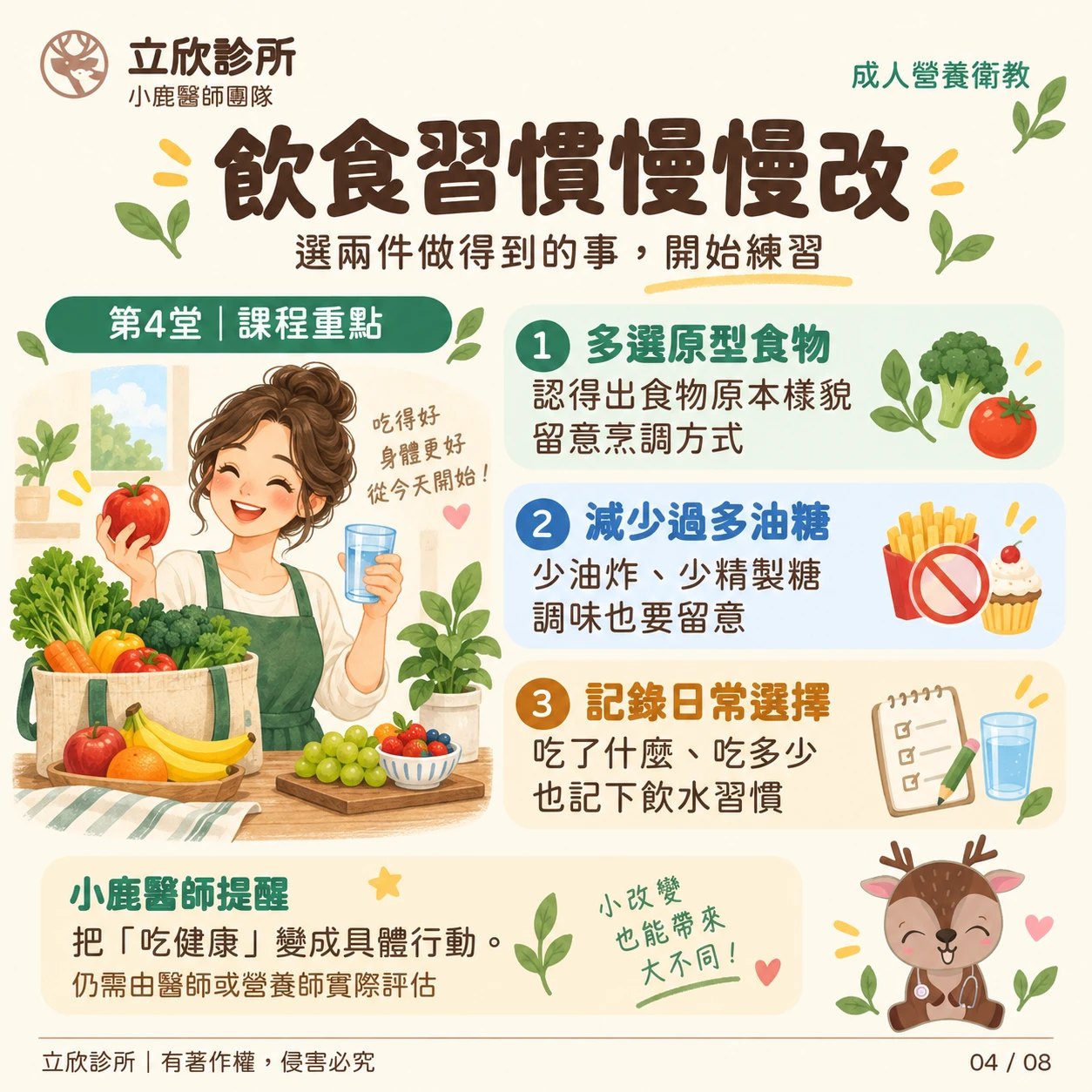 立欣診所成人營養衛教，第4堂課程重點：飲食習慣慢慢改，選兩件做得到的事，開始練習。①多選原型食物：認得出食物原本樣貌，留意烹調方式。②減少過多油糖：少油炸、少精製糖，調味也要留意。③記錄日常選擇：吃了什麼、吃多少，也記下飲水習慣。小鹿醫師提醒：把「吃健康」變成具體行動，仍需由醫師或營養師實際評估。